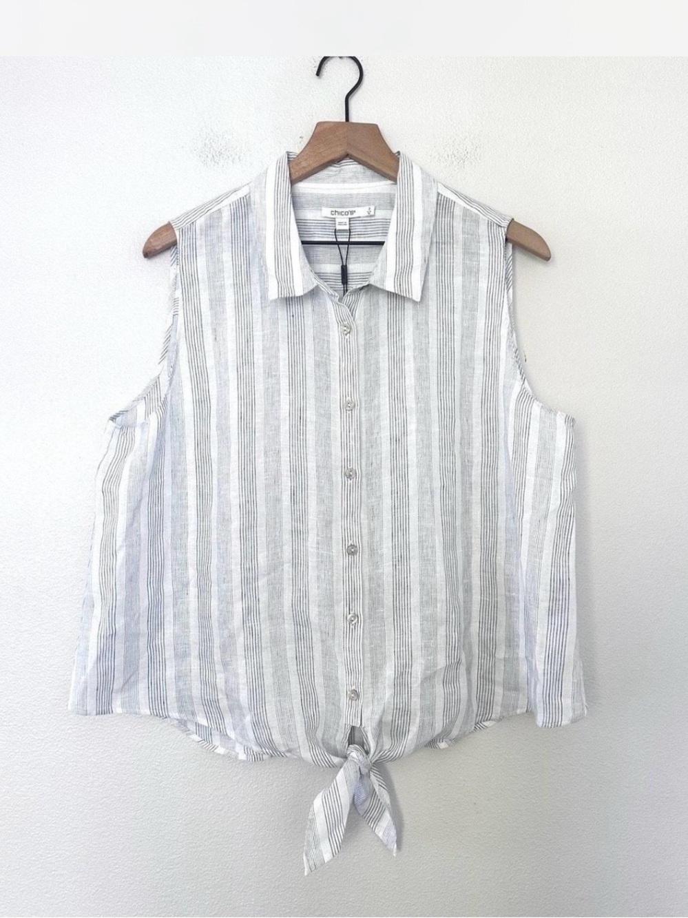 Chico's Size 2 Sleeveless Linen Button-Down Tie Front Top - White & Blue Striped